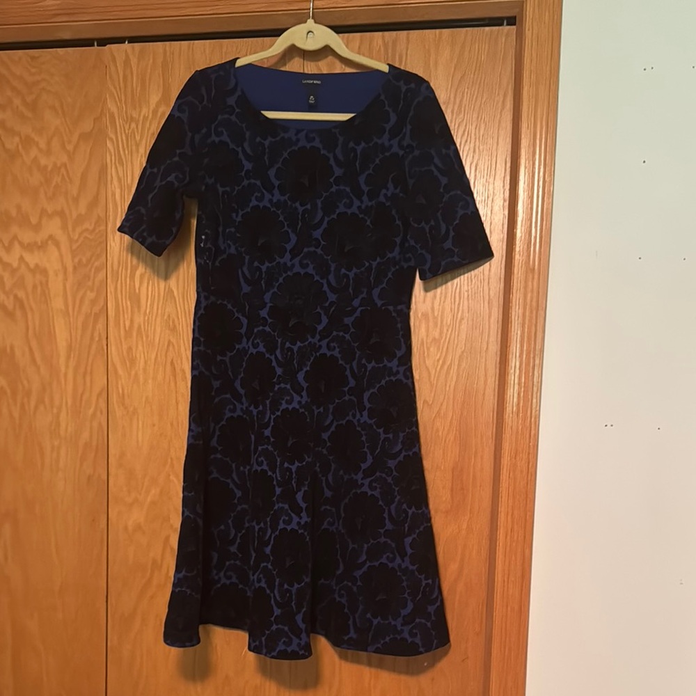 Lands' End Blue and Black Velvet Dress Scoop Neck Short Sleeve